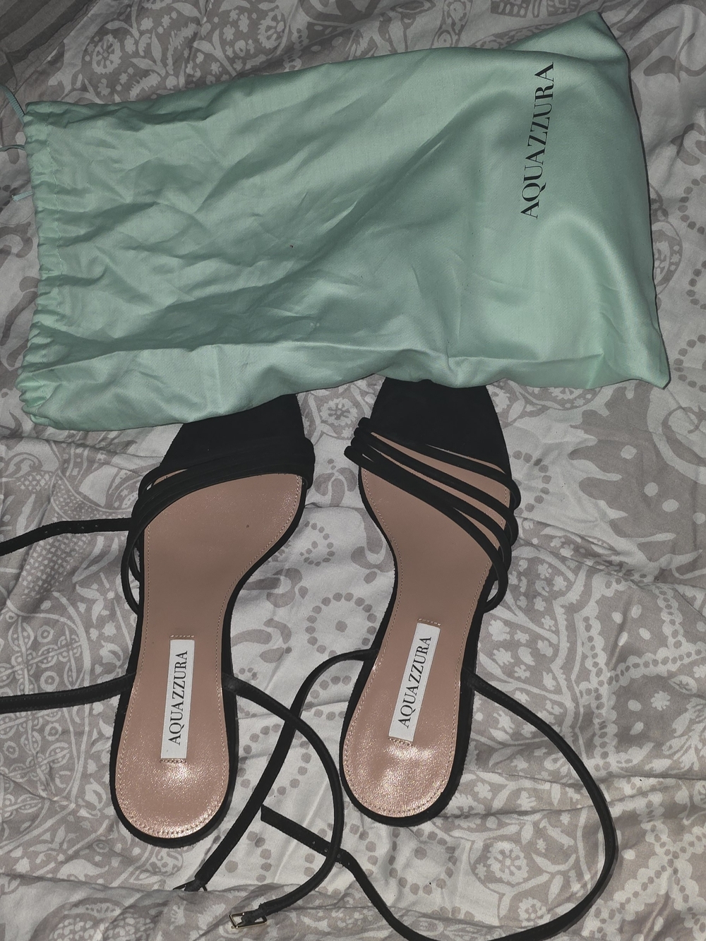 Aquazzura Black Strappy Lace-Up Heels with Nude Insoles